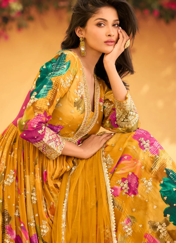 Beautiful Haldi long gown with floral digital print and embroidery